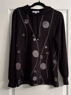 Black Knit Sweater with Hood and Silver & Rhinestone Motif